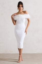 White Lace Bardot Midi Dress With Feather Trim